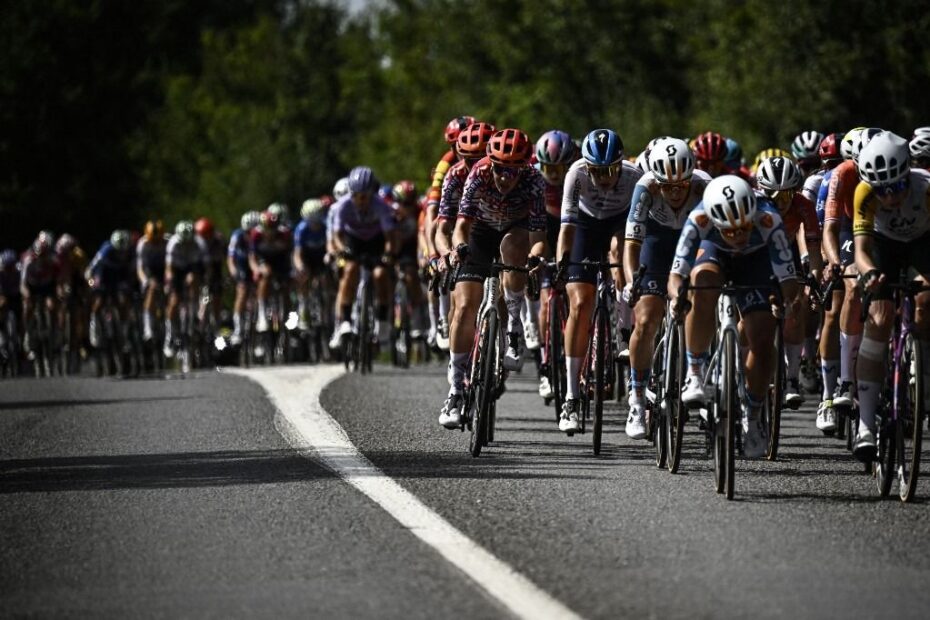Cyklister i en klunga under ett landsvägslopp